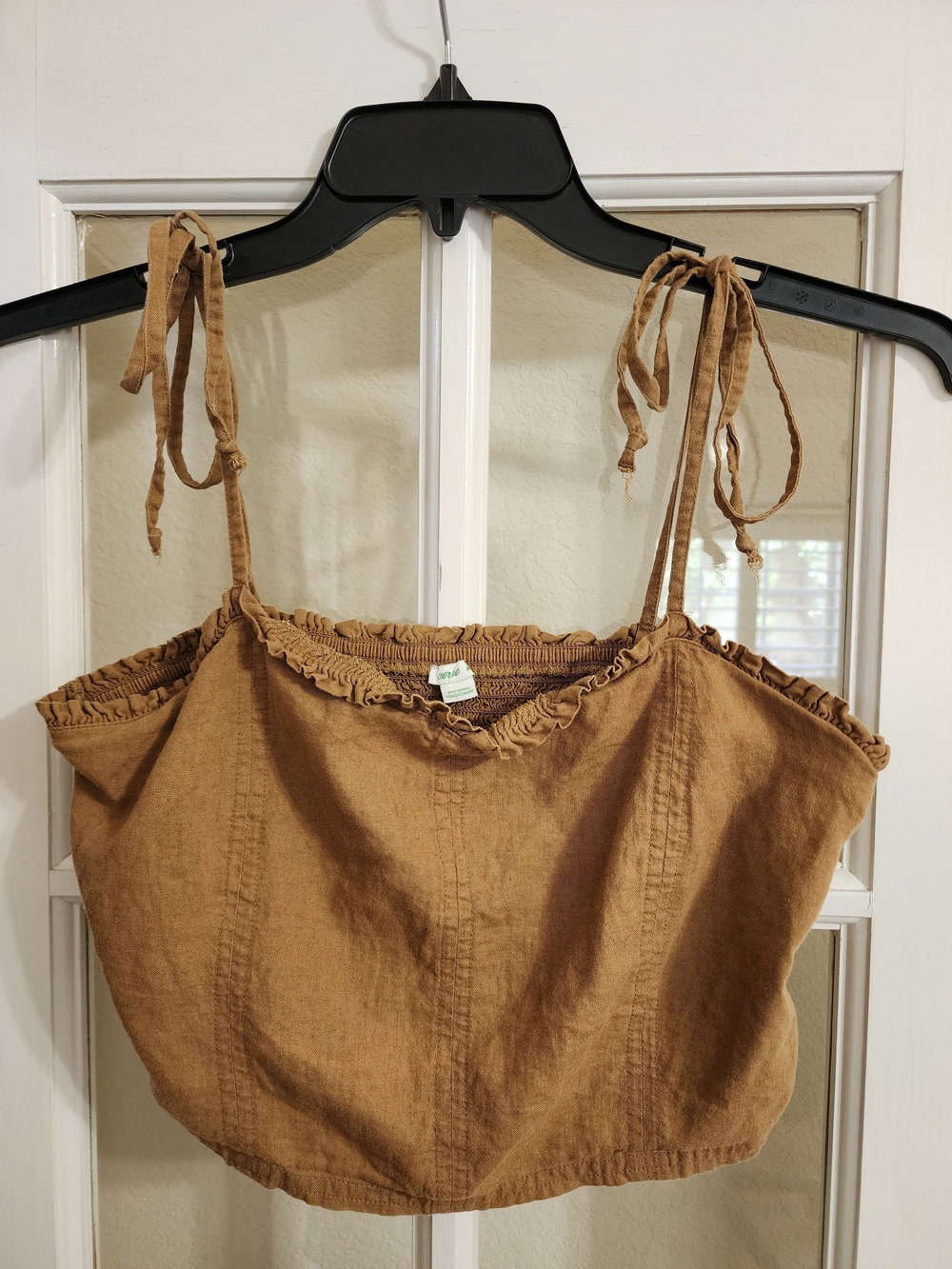 Aerie Linen Blend Tie Shoulder Smocked Crop Cami Brown Boho Medium